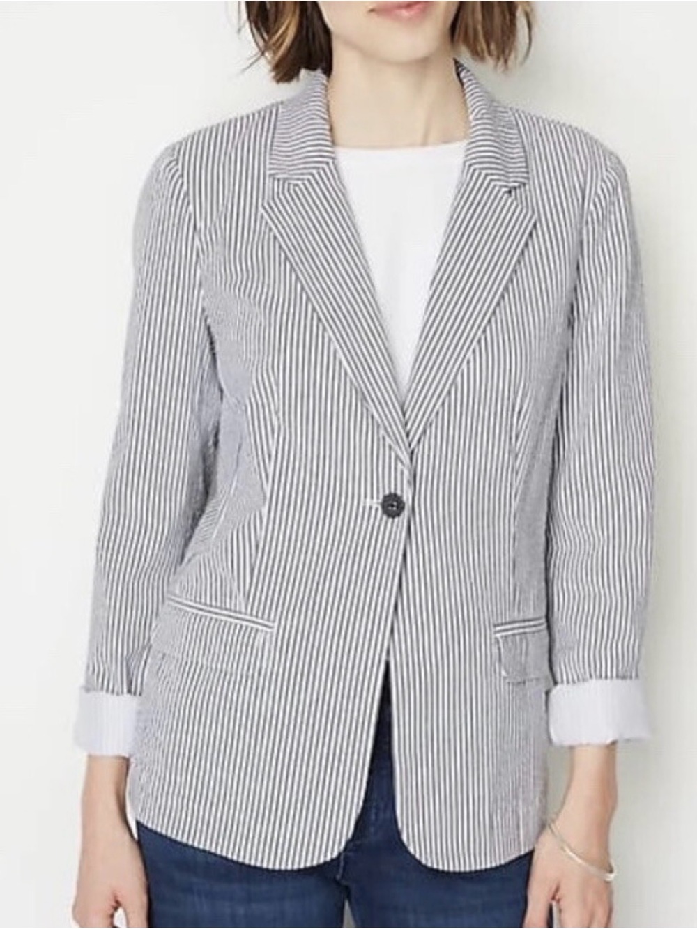 J Jill Seersucker One Button Pinstriped Blazer Size Large